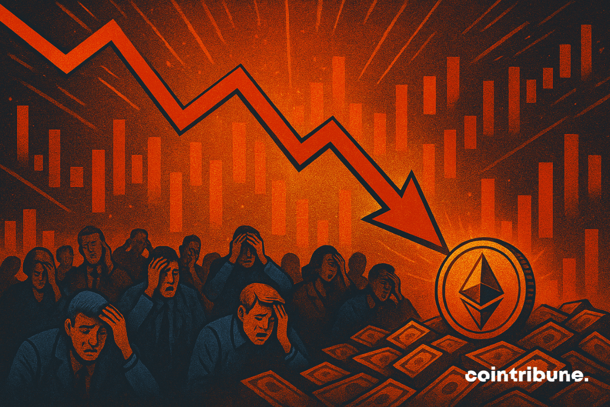 Illustration of panicked investors watching a sharp market downturn, with a red arrow crashing down toward an Ethereum coin, symbolizing a crypto market crash amid financial turmoil.