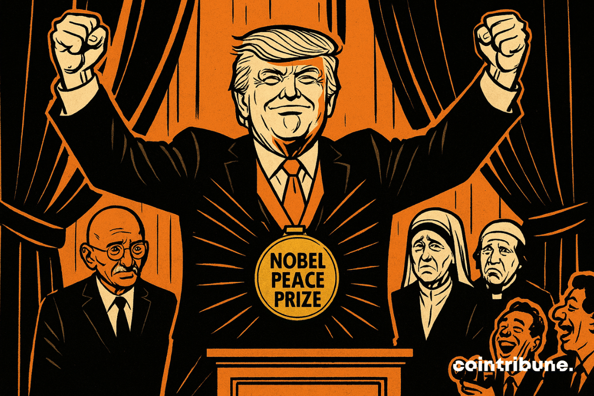 Trump receiving the Nobel medal, surrounded by famous peace figures.