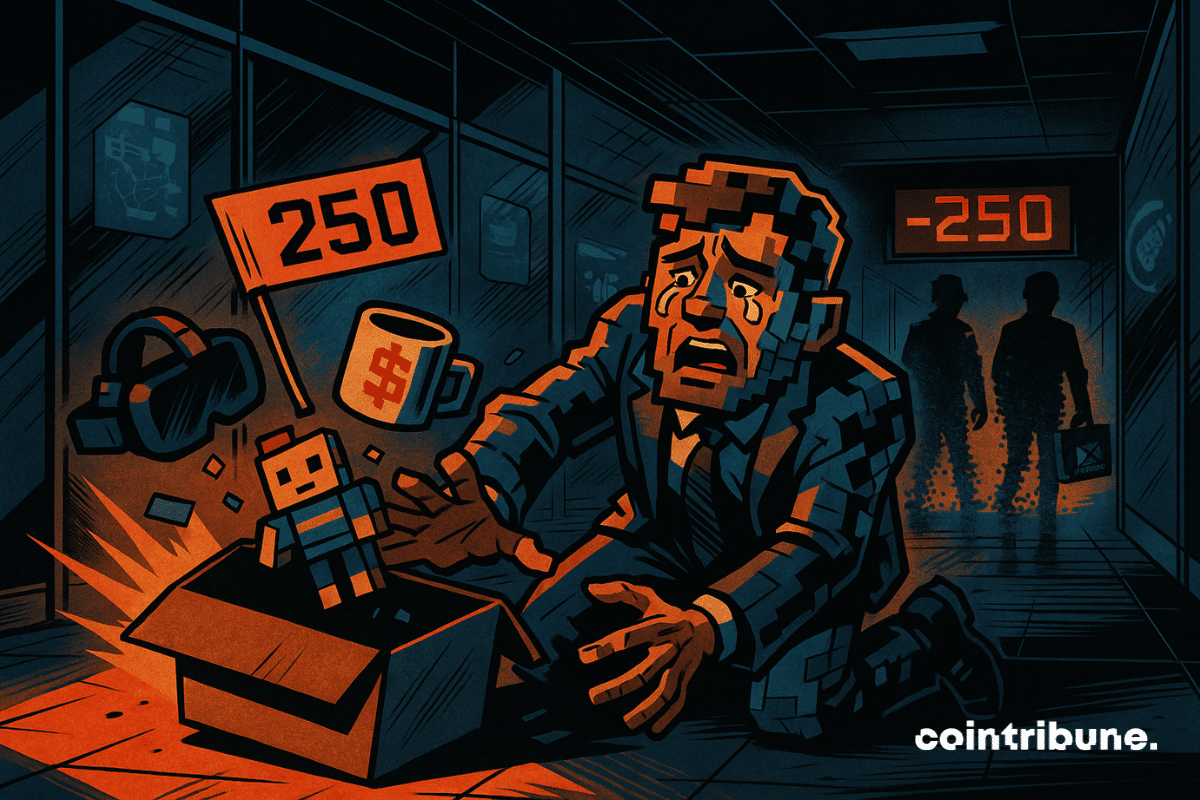 A stylized employee in The Sandbox voxel avatar style, half-human, half-pixelated, is in the glass corridor of a high-tech open space inspired by a Web3 startup’s offices. Off balance, on his knees, he tries to catch a departing box that is falling.
