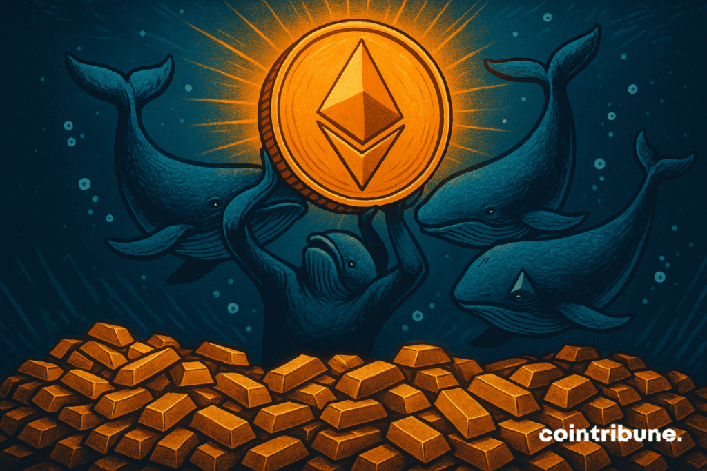 Illustration of three whales and a central whale-like figure lifting a glowing Ethereum coin above piles of gold bars, symbolizing massive institutional accumulation of ETH.
