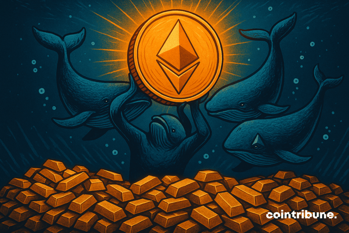 Illustration de trois baleines et d'une figure centrale ressemblant à une baleine soulevant une pièce Ethereum brillante au-dessus de piles de lingots d'or, symbolisant l'accumulation institutionnelle massive d'ETH.