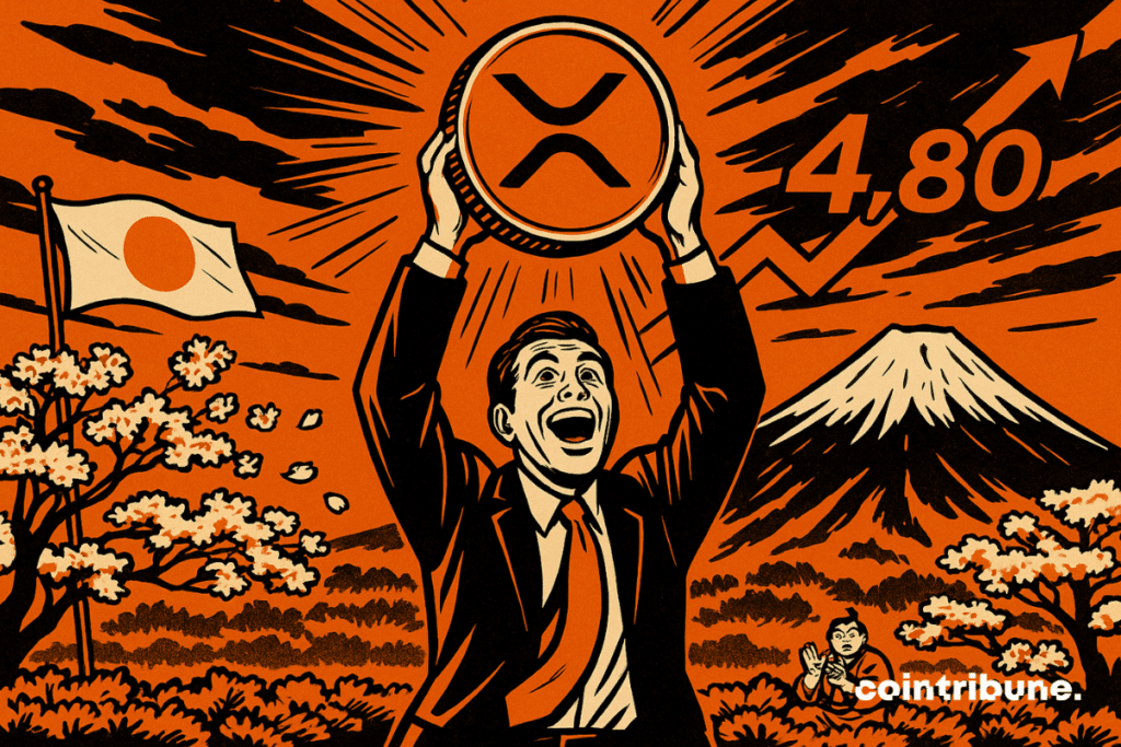 Un trader crypto euphorique tient à deux mains au-dessus de sa tête devant le Mont Fuji un énorme jeton XRP, qui semble briller.