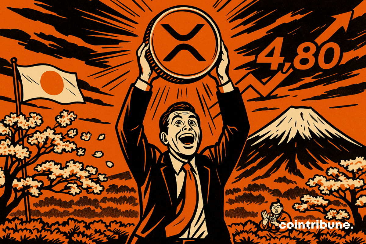 An euphoric crypto trader holds above his head with both hands, in front of Mount Fuji, a huge XRP token that appears to be glowing.