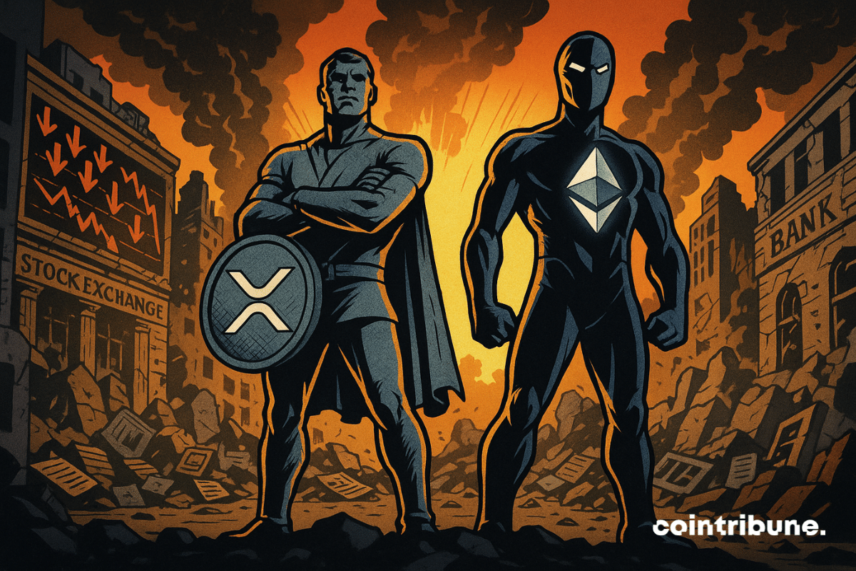 The personified cryptos XRP and Ethereum stand tall on the ruins of the stock market.