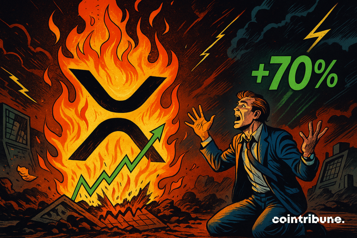 Un investisseur crypto à genoux, bras levés, bouche ouverte, dans une expression de stupéfaction et d’espoir, observe un énorme logo XRP en feu. Un graphique boursier effondré au sol, sous le logo, est percé par une flèche verte ascendante.