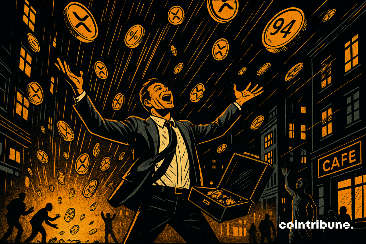 Un investisseur crypto en costume cravate légèrement défait, au centre de la scène. Il tient un attaché-case grand ouvert d’une main et lève les bras vers le ciel, bouche ouverte dans une expression d’extase. Une pluie de pièces ou jetons XRP tombent littéralement du ciel, certains entrant dans l’attaché-case, d’autres rebondissant au sol.