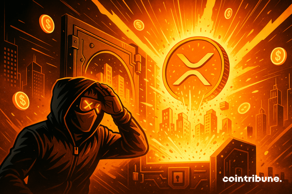 XRP coin bursts from vault as XRPL absorbs real-world assets in dramatic comic style.