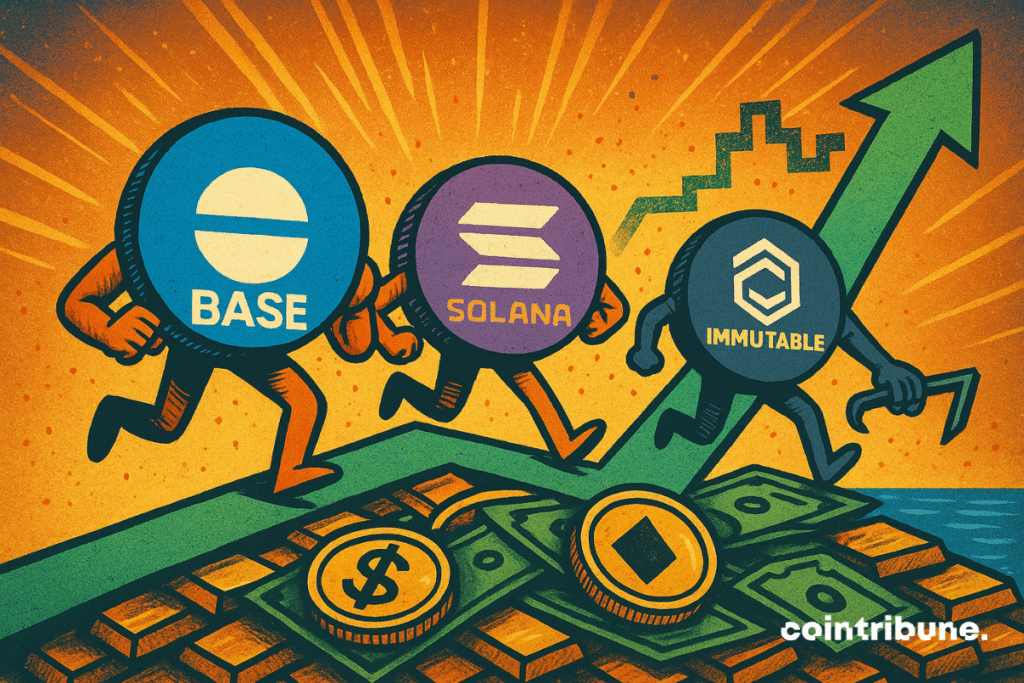 Illustration of Base, Solana, and Immutable racing forward in NFT trading, symbolizing their competition for market dominance, with Base taking the lead in 30-day volume.