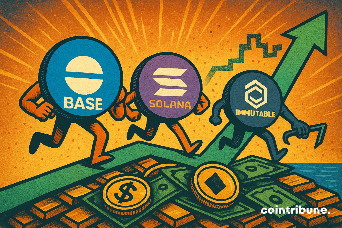 Illustration of Base, Solana, and Immutable racing forward in NFT trading, symbolizing their competition for market dominance, with Base taking the lead in 30-day volume.
