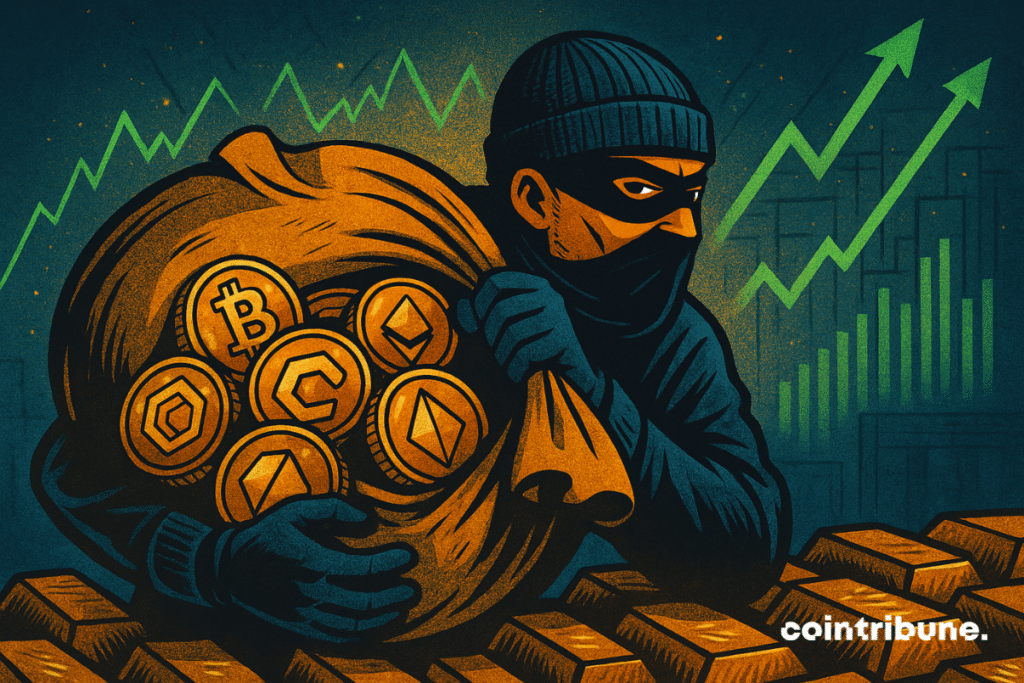 Illustration of a masked thief carrying a sack of stolen cryptocurrency coins, including Bitcoin and Ethereum, against a backdrop of rising financial charts. Binance will fight this.