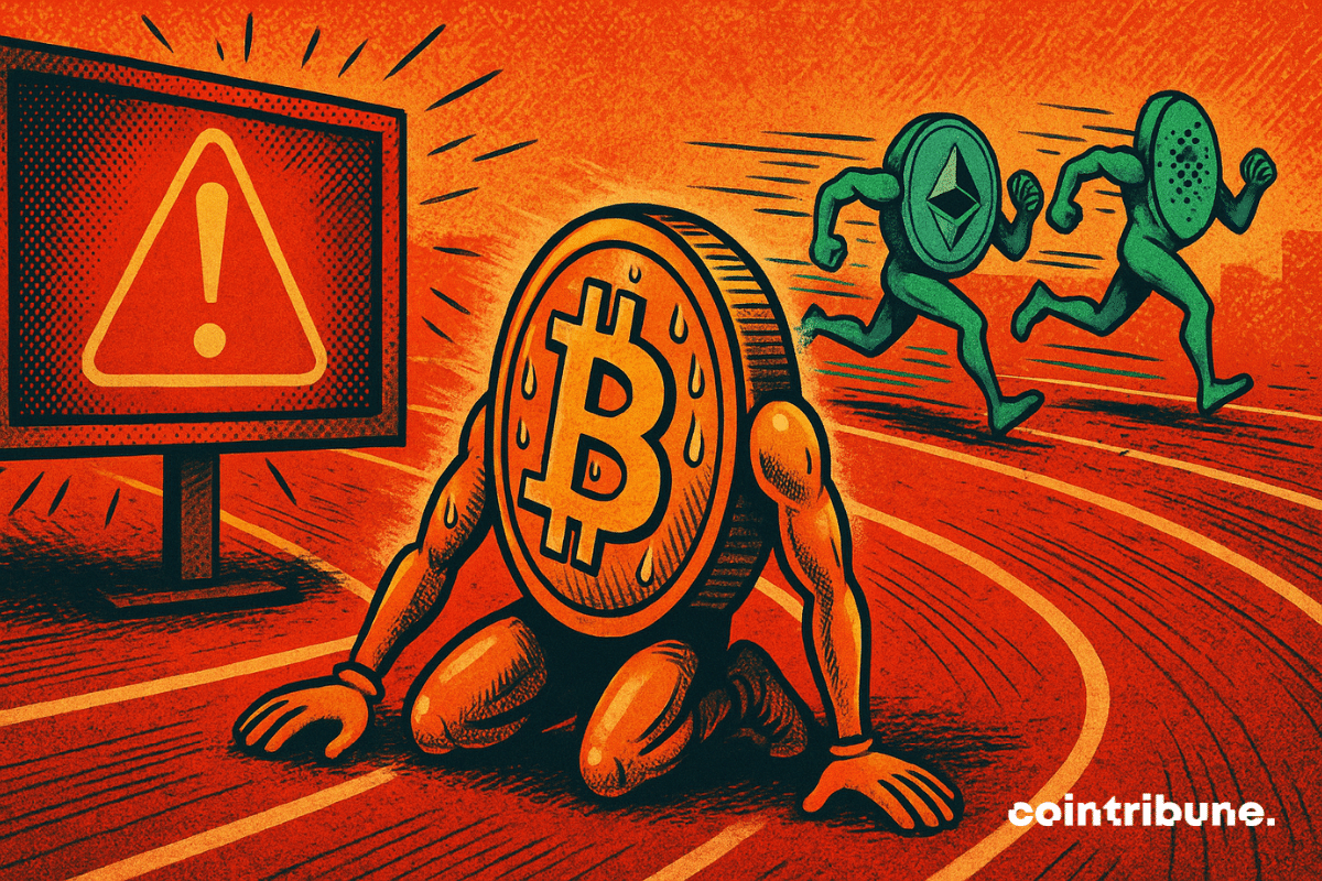 Bitcoin épuisé sur une piste rouge, dépassé par Ethereum et Cardano, sous un signal d’alerte rouge clignotant.