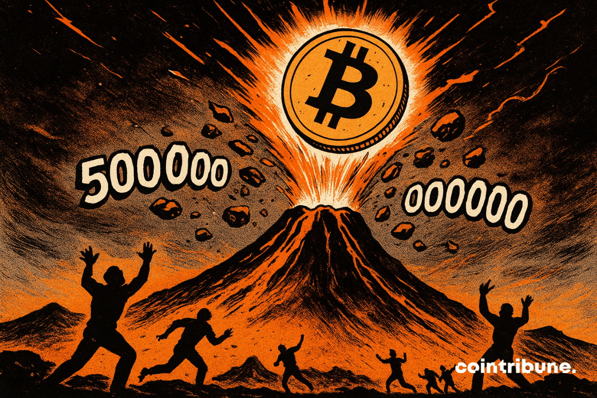 A dramatic volcanic eruption propels a massive, glowing Bitcoin into the sky, accompanied by spectacular numbers floating among the molten rocks, while human figures react in shock and panic. 70s comic book style, black, white, and orange palette.