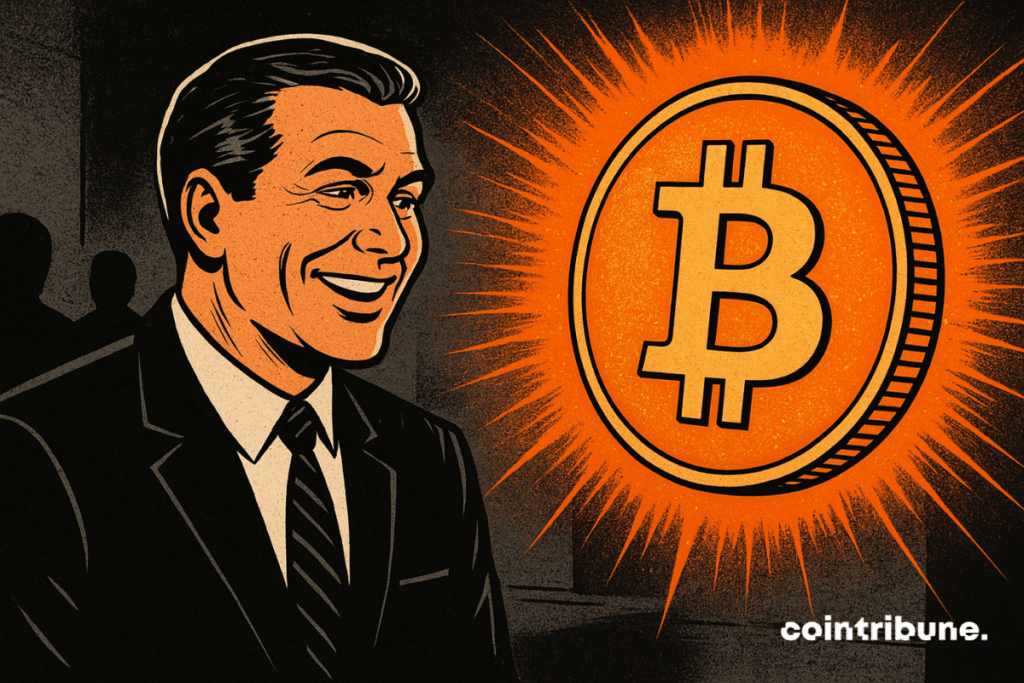 Un PDG souriant en costume sombre fait face à un gigantesque Bitcoin lumineux qui irradie d’une aura orange, dans un style bande dessinée rétro des années 70, contrastant entre l’ombre et l’éclat doré de la crypto.