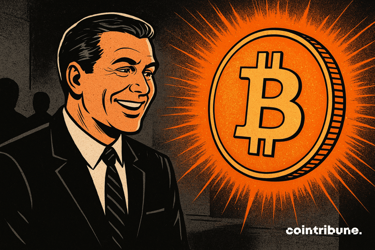 Un PDG souriant en costume sombre fait face à un gigantesque Bitcoin lumineux qui irradie d’une aura orange, dans un style bande dessinée rétro des années 70, contrastant entre l’ombre et l’éclat doré de la crypto.