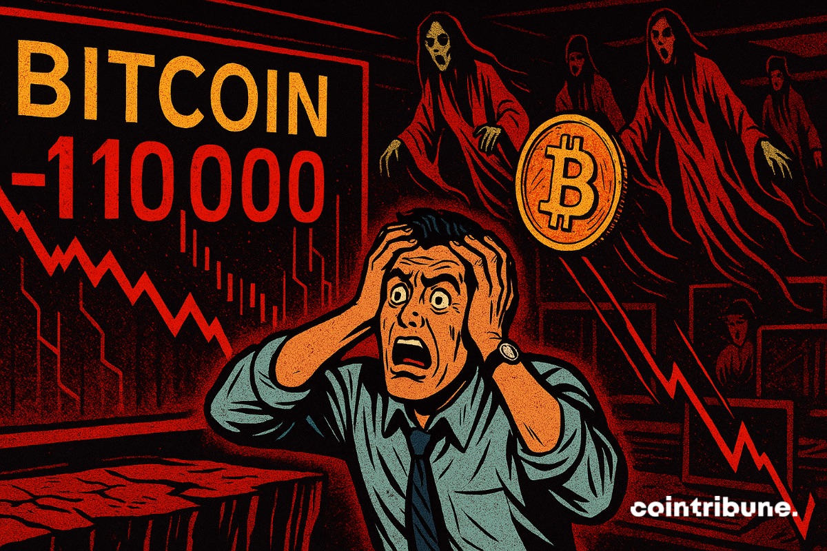 Un investisseur bitcoin voit le BTC chuter à -110 000 dollars, pendant que des fantômes du « Ghost Month » rodent en arrière plan.