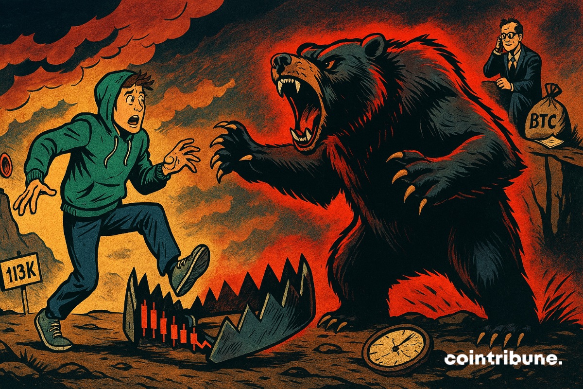 Un inversor en bitcoines se dirige hacia una trampa bajista mientras una institución observa desde lejos.
