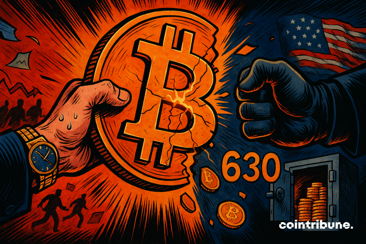 Deux mains déchirent un Bitcoin incandescent sous tension explosive
