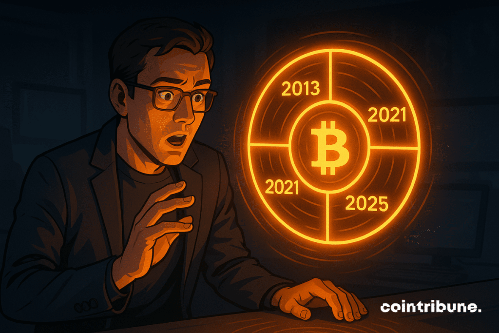 A stunned analyst discovers a glowing hologram of the Bitcoin cycle, revealing key dates: 2013, 2017, 2021, 2025.