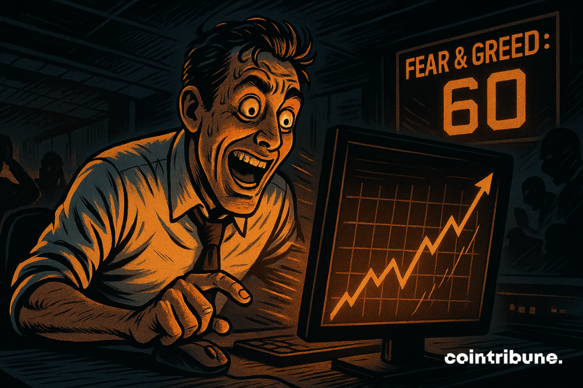 Trader en transe devant un écran, graphique Bitcoin explosif, ambiance tendue, chiffres oranges, silhouettes paniquées en arrière-plan, tension palpable.