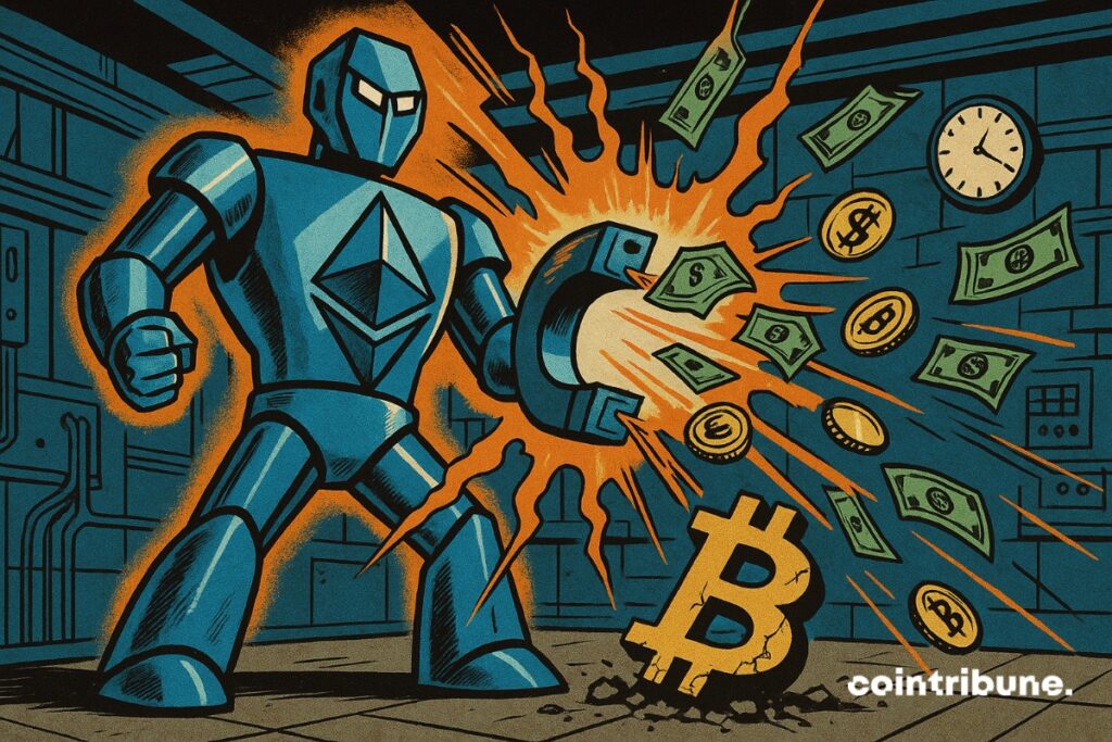 Un Ethereum sous forme de robot géant qui aspire tous les capitaux provenant du Bitcoin.