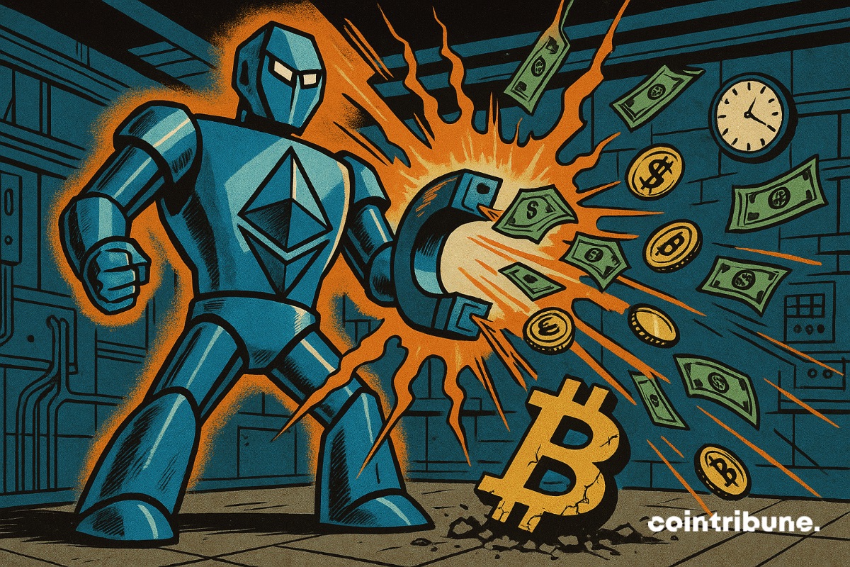 Um Ethereum na forma de um robô gigante que suga todo o capital vindo do Bitcoin.