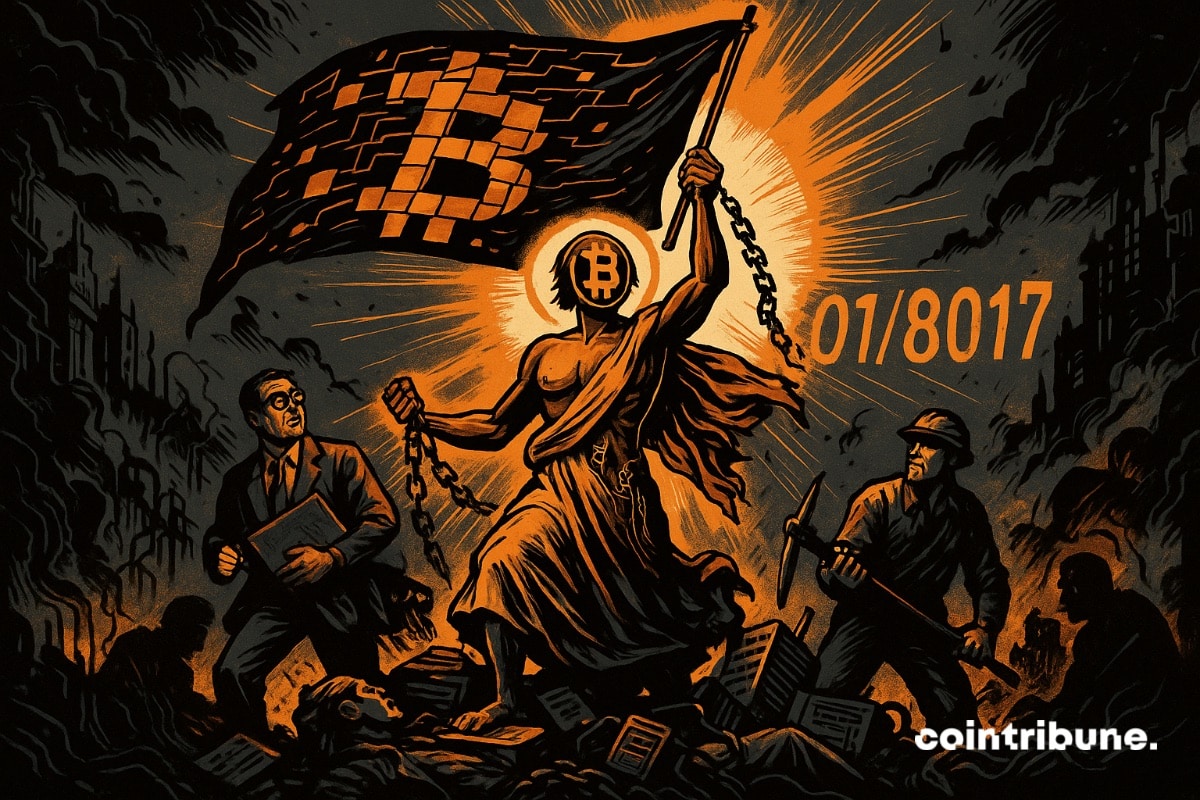 El Bitcoin como revolucionario que se libera de sus ataduras en la cadena de bloques.