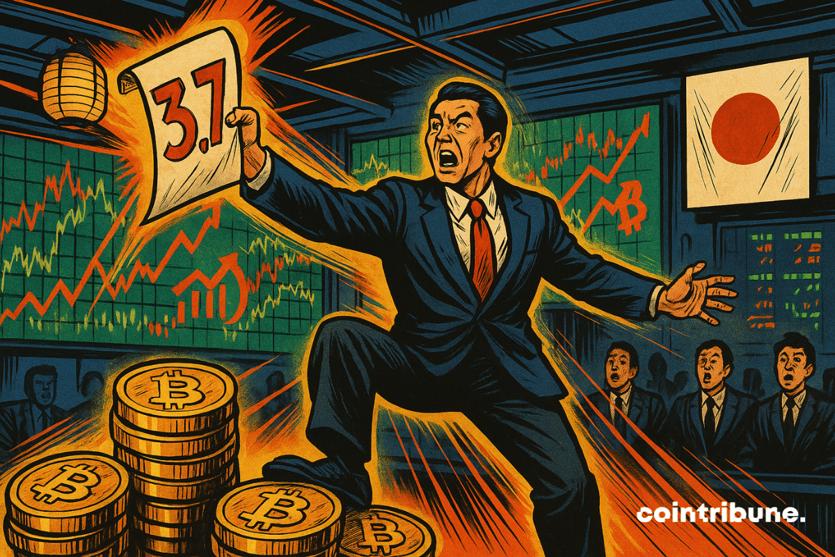 Un PDG japonais brandit un parchemin "3.7", dominant une salle de marché remplie de Bitcoins et d’écrans financiers.