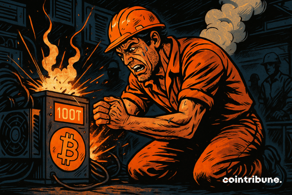 Un mineur épuisé lutte contre une machine Bitcoin en surchauffe, symbolisant la difficulté extrême du minage en 2025.