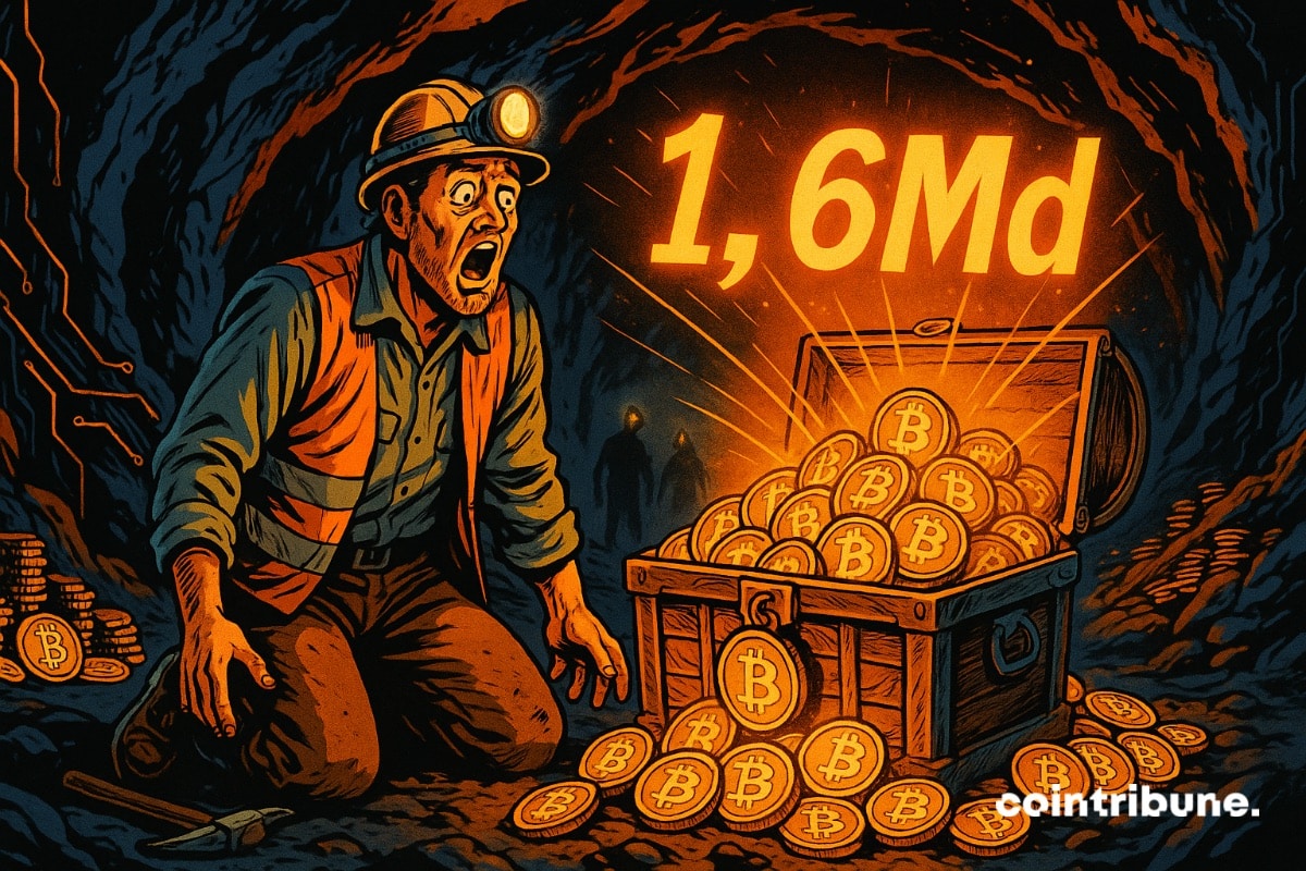 A miner in front of a bitcoin treasure trove with .66 billion written on it.