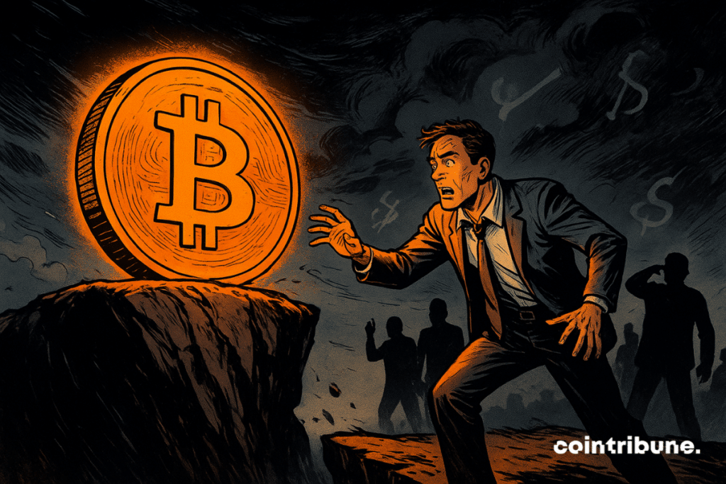 Un Bitcoin brillant vacille au bord d'une falaise alors qu'un investisseur nerveux tend la main sous un ciel économique orageux.