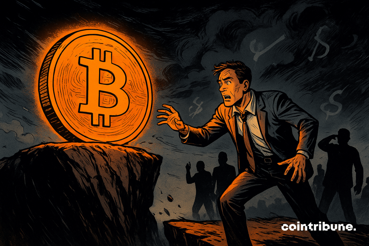 Un Bitcoin brillant vacille au bord d'une falaise alors qu'un investisseur nerveux tend la main sous un ciel économique orageux.