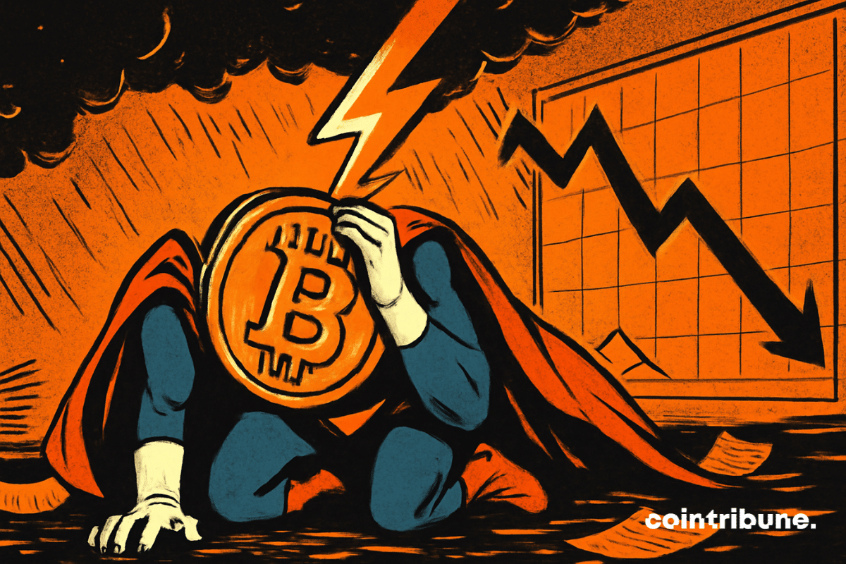 Un personnage Bitcoin en costume tombe sous un éclair dramatique