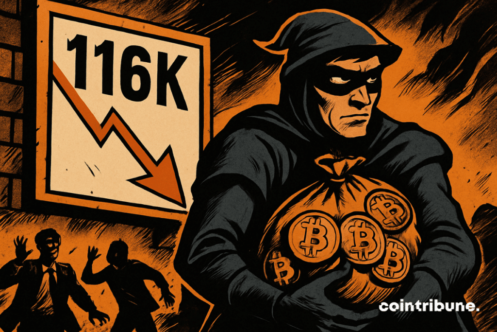 Masked figure hoards Bitcoins as price drops to 116K; chaos behind, bold orange-black comic style.