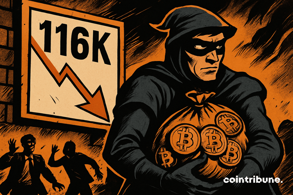 Une silhouette masquée accumule des Bitcoins alors que le prix chute à 116 000 ; le chaos derrière, un style de bande dessinée orange-noir audacieux.