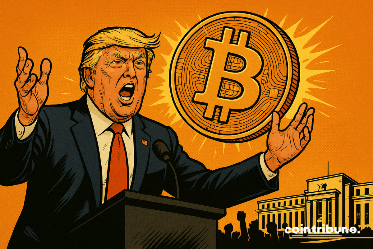 Donald Trump, in 70s comic book style, triumphantly proclaims Bitcoin, in front of the Fed, a cheering crowd and orange glow.