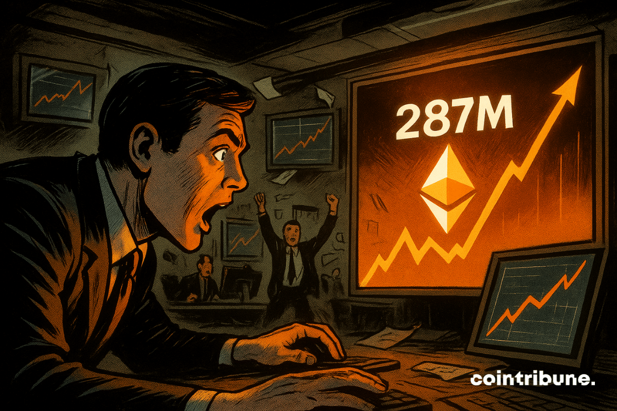 Un trader sous le choc alors qu'Ethereum rebondit de 287 millions de dollars sur des écrans lumineux, les traders derrière applaudissent dans un style de bande dessinée.
