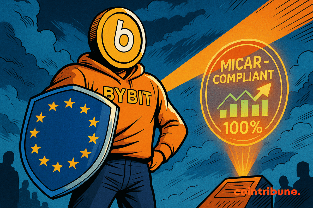 Illustration of a character with a Bybit logo holding a European shield, representing Bybit's compliance with MiCAR through Nasdaq's market surveillance technology.