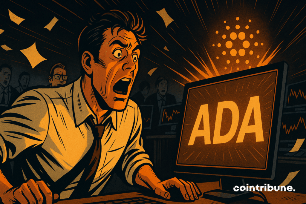 Trader stupéfait devant une explosion de Cardano sur écran, illustrant la frénésie du marché crypto avec intensité visuelle.