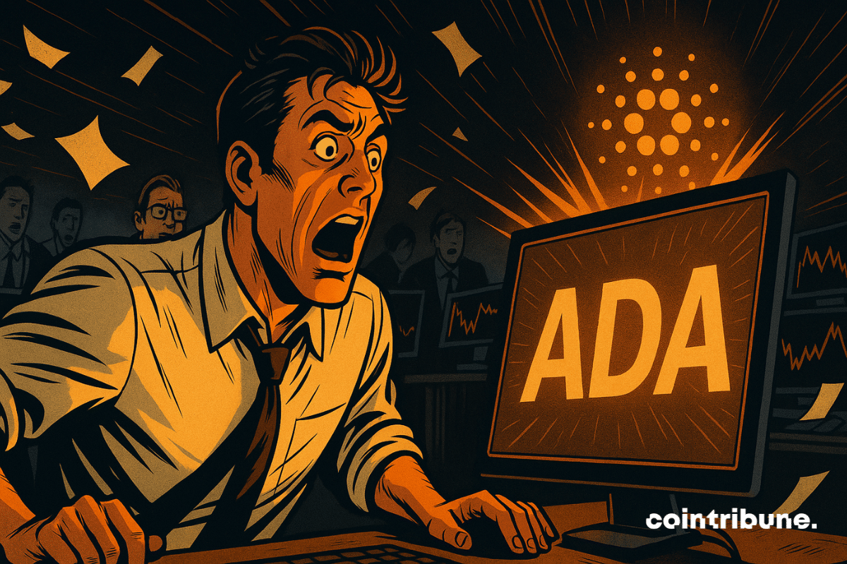 Trader stupéfait devant une explosion de Cardano sur écran, illustrant la frénésie du marché crypto avec intensité visuelle.