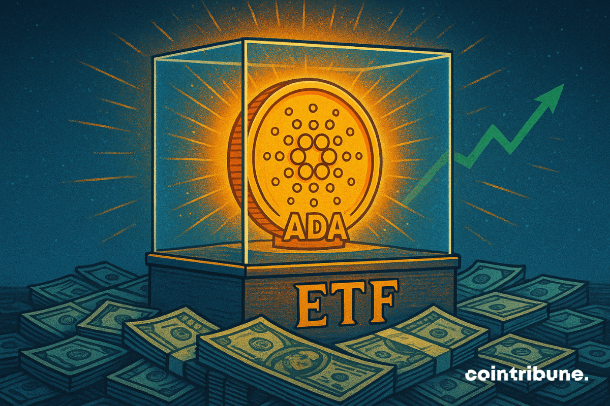 Illustration of a glowing Cardano coin inside a glass display case labeled “ETF,” surrounded by stacks of U.S. dollar bills, with a green upward-trending arrow in the background.