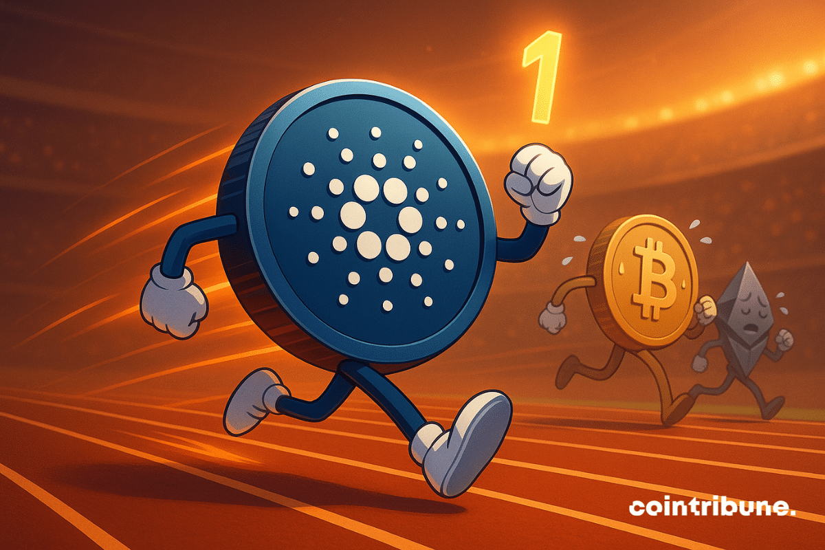 ADA personnifié en tête d’une course futuriste, devançant Bitcoin et Ethereum sur une piste lumineuse