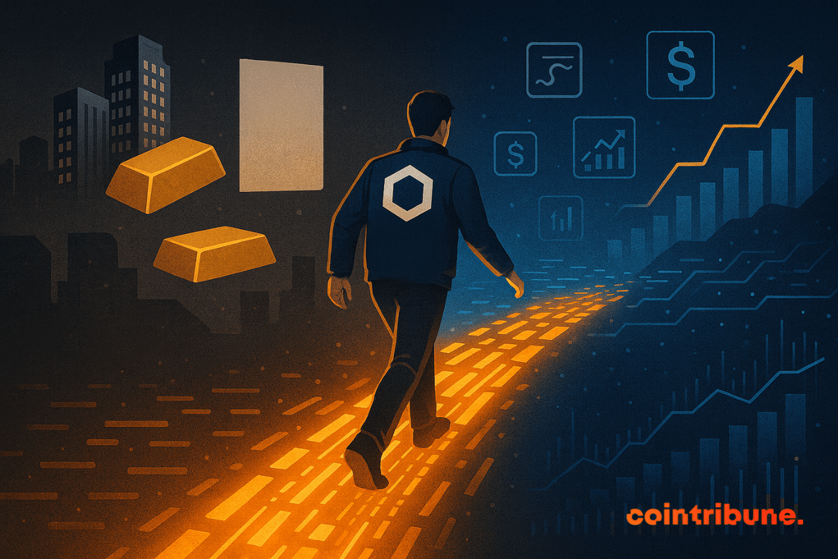 Illustration d’un homme marchant sur une route numérique vers des graphiques financiers, représentant Chainlink comme leader de la tokenisation des actifs réels.