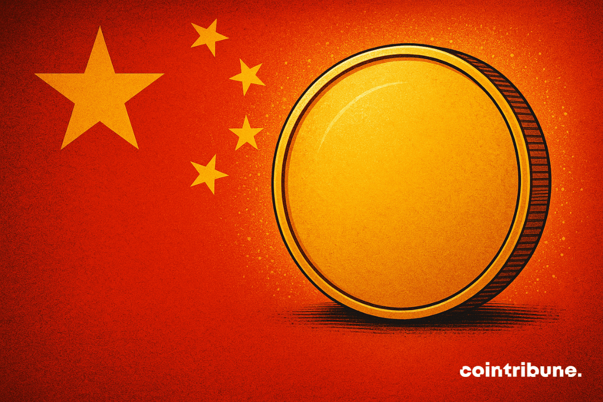 Illustration of a golden coin on a red background with the Chinese flag, symbolizing China’s digital yuan and cryptocurrency policy.