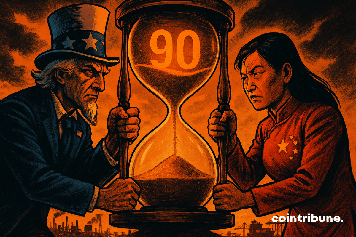 El Tío Sam y una figura de China sostienen un reloj de arena gigante marcado con "90" sobre un fondo industrial naranja y negro que evoca una tregua tensa.