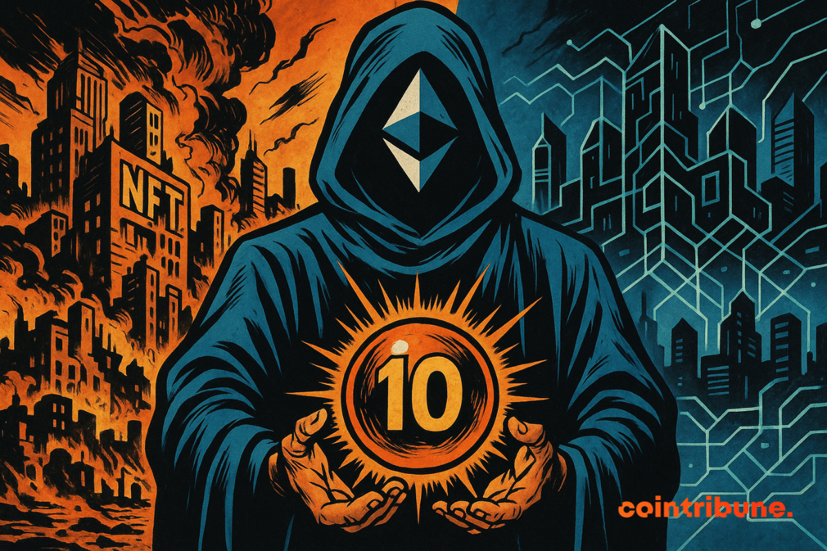 Ethereum au centre d’une cour crypto, tenant une sphère "10" symbolisant ses dix ans et un avenir prêt à bouleverser l’ordre numérique.