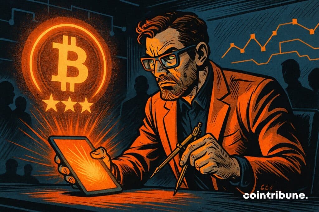 Un Architect en train de dessiner une notation crypto. Le bitcoin en surbrillance.
