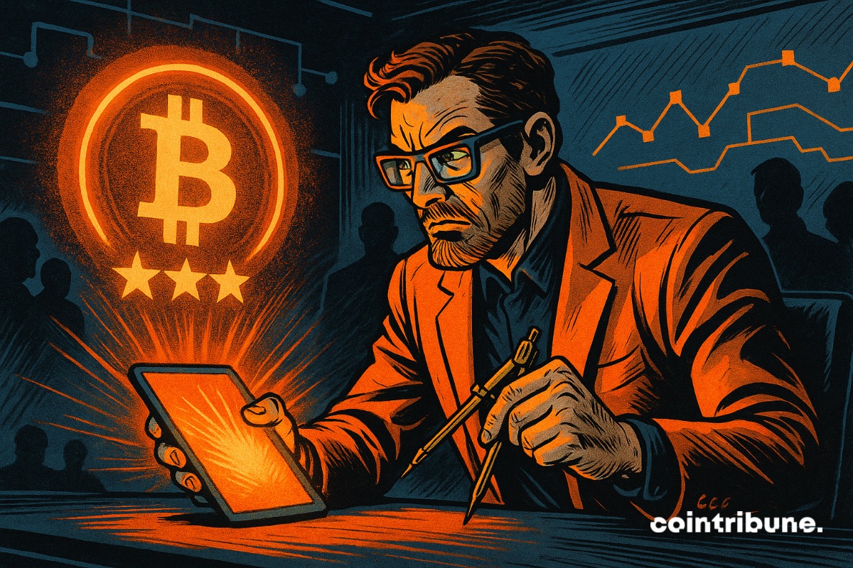 An architect drawing a crypto notation. Bitcoin highlighted.