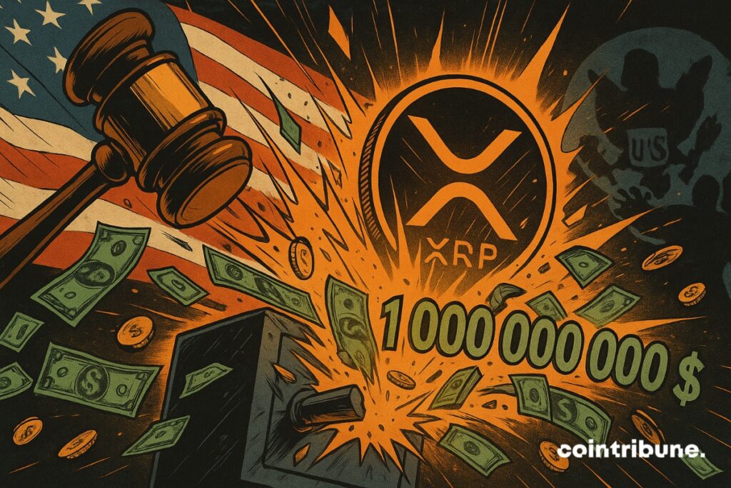 Un marteau de juge qui fracasse un coffre libérant des millards de dollars qui vont vers le XRP.
