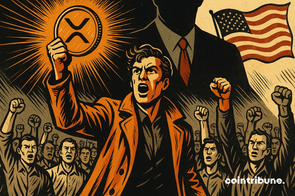 A representative from Ripple with an XRP crypto token, surrounded by a crowd of people challenging the SEC.