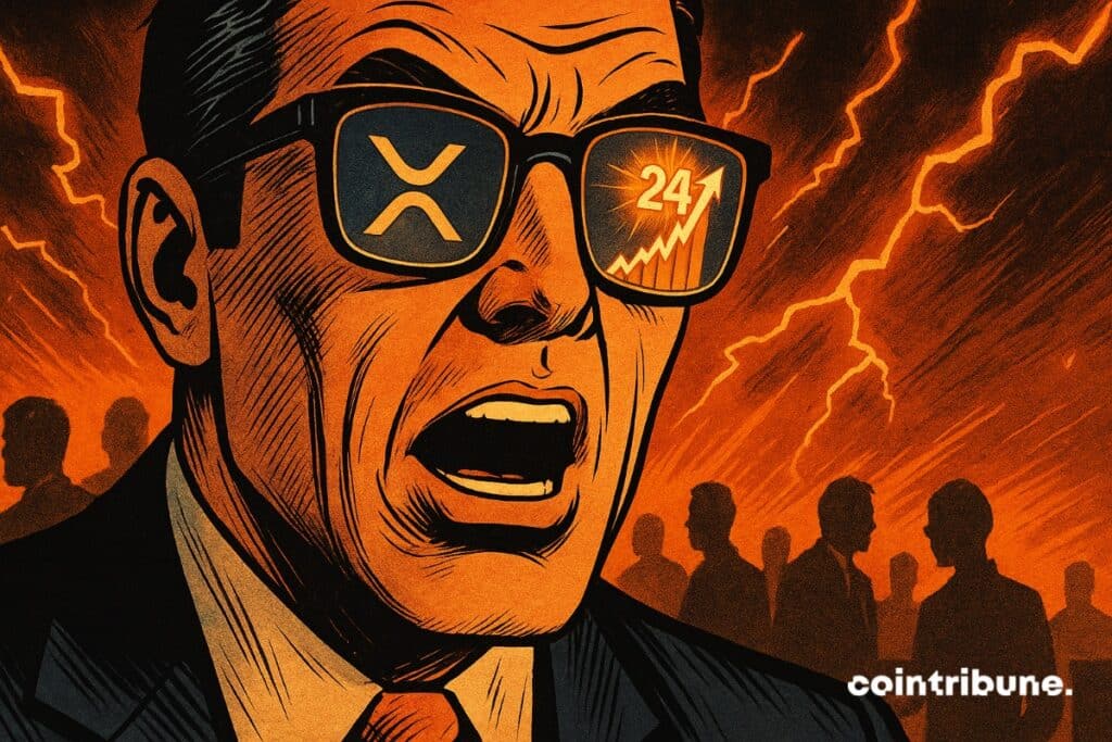Un investisseur crypto avec des lunettes qui reflètent le XRP et une hausse à 24 dollars.